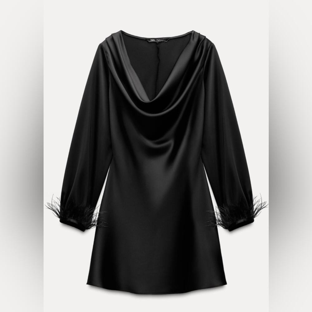 Nwt-Zara- Satin Effect Feather Detail Mini Dress- M